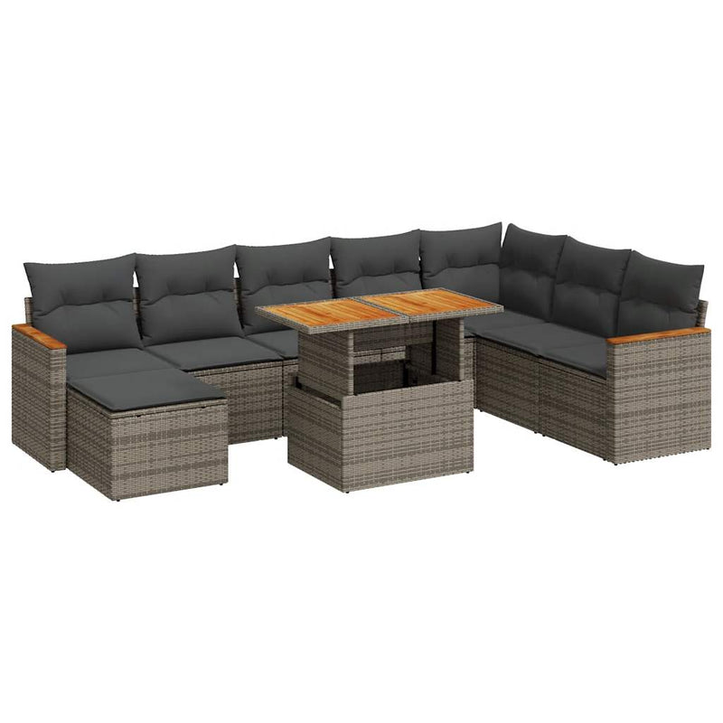 9 Piece Garden Sofa Set with Cushions Grey Poly Rattan Acacia