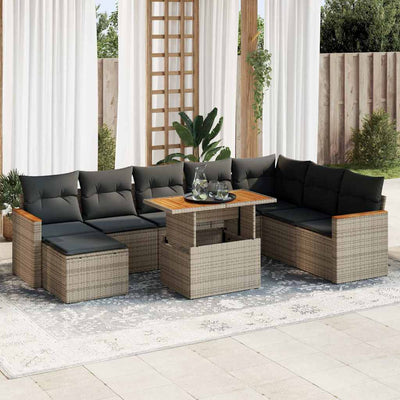 9 Piece Garden Sofa Set with Cushions Grey Poly Rattan Acacia