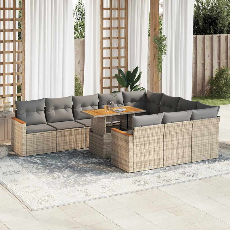 11 Piece Garden Sofa Set with Cushions Beige Poly Rattan Acacia