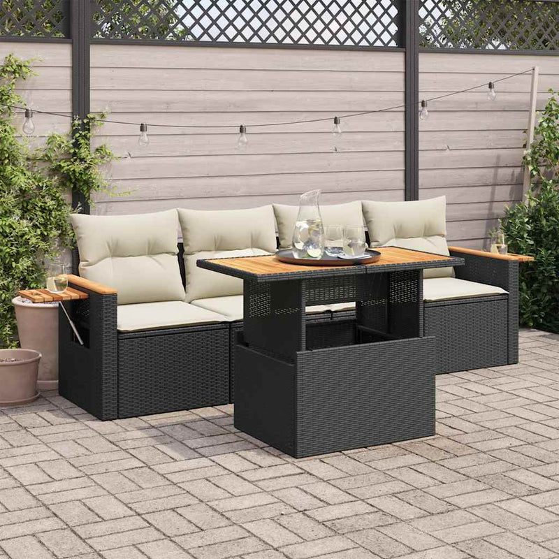 5 Piece Garden Sofa Set with Cushions Black Poly Rattan Acacia