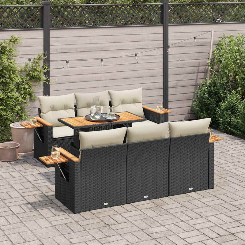 7 Piece Garden Sofa Set with Cushions Black Poly Rattan Acacia