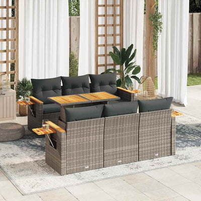 7 Piece Garden Sofa Set with Cushions Grey Poly Rattan Acacia