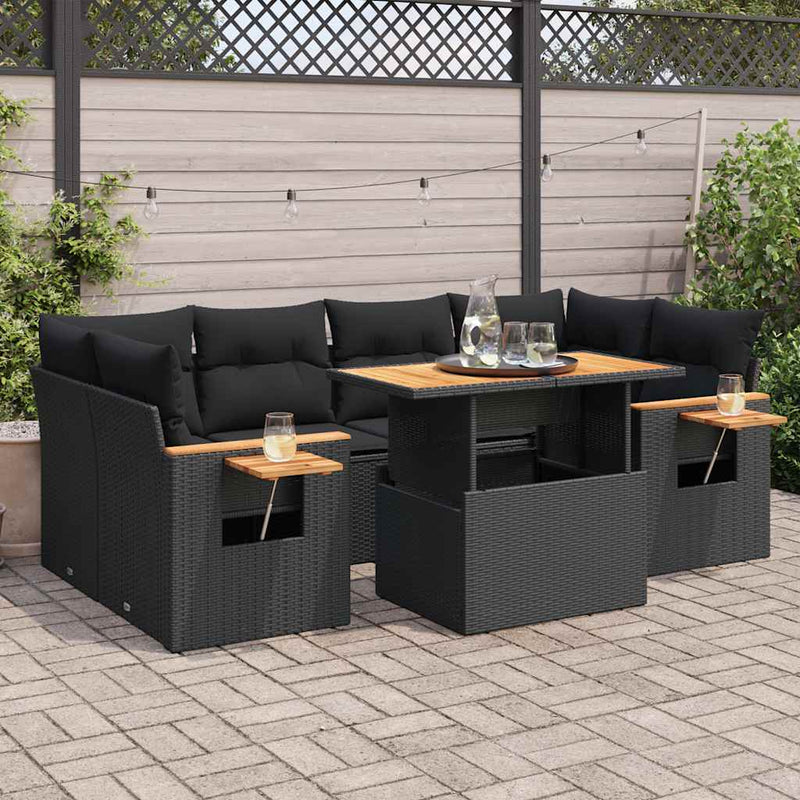 7 Piece Garden Sofa Set with Cushions Black Poly Rattan Acacia