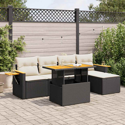 6 Piece Garden Sofa Set with Cushions Black Poly Rattan Acacia