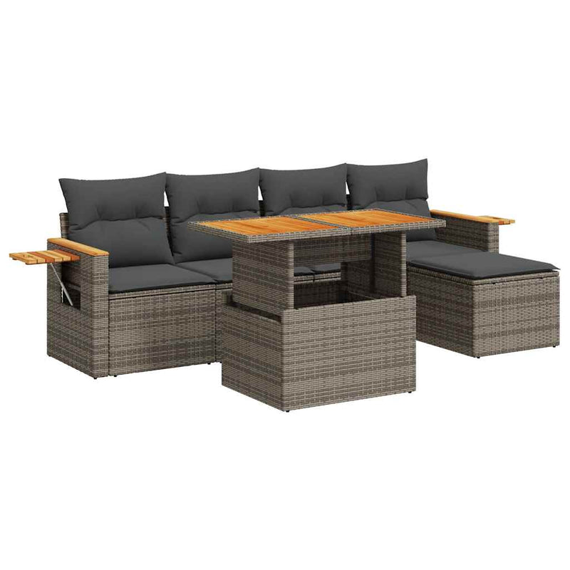 7 Piece Garden Sofa Set with Cushions Grey Poly Rattan Acacia