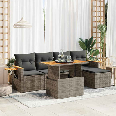 7 Piece Garden Sofa Set with Cushions Grey Poly Rattan Acacia