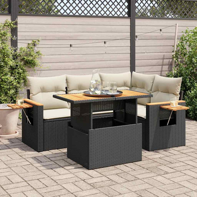 4 Piece Garden Sofa Set with Cushions Black Poly Rattan Acacia