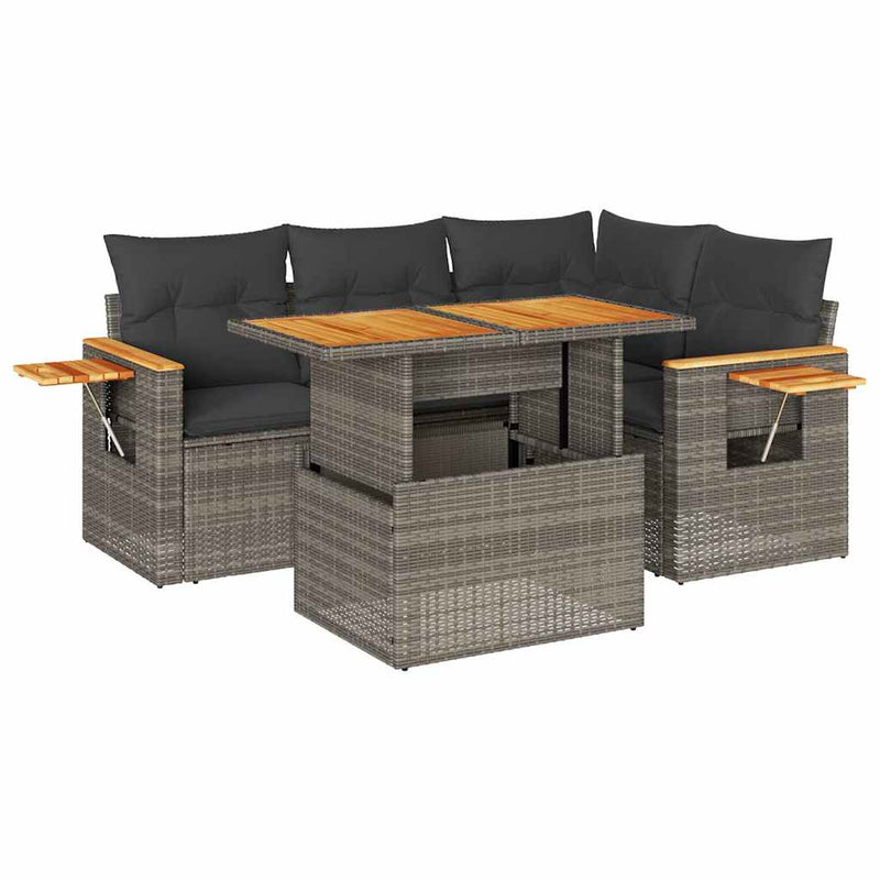 4 Piece Garden Sofa Set with Cushions Grey Poly Rattan Acacia