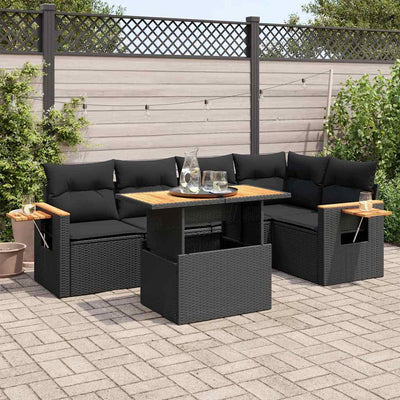 5 Piece Garden Sofa Set with Cushions Black Poly Rattan Acacia