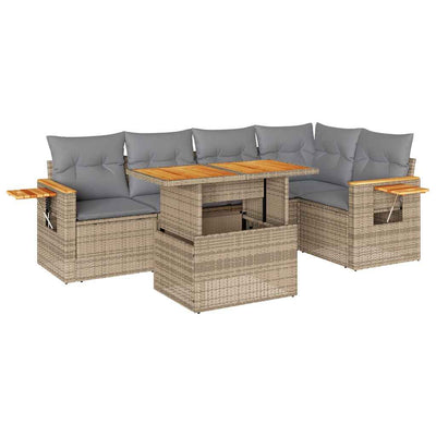 5 Piece Garden Sofa Set with Cushions Beige Poly Rattan Acacia