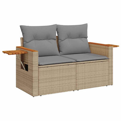 5 Piece Garden Sofa Set with Cushions Beige Poly Rattan Acacia