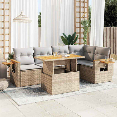 5 Piece Garden Sofa Set with Cushions Beige Poly Rattan Acacia