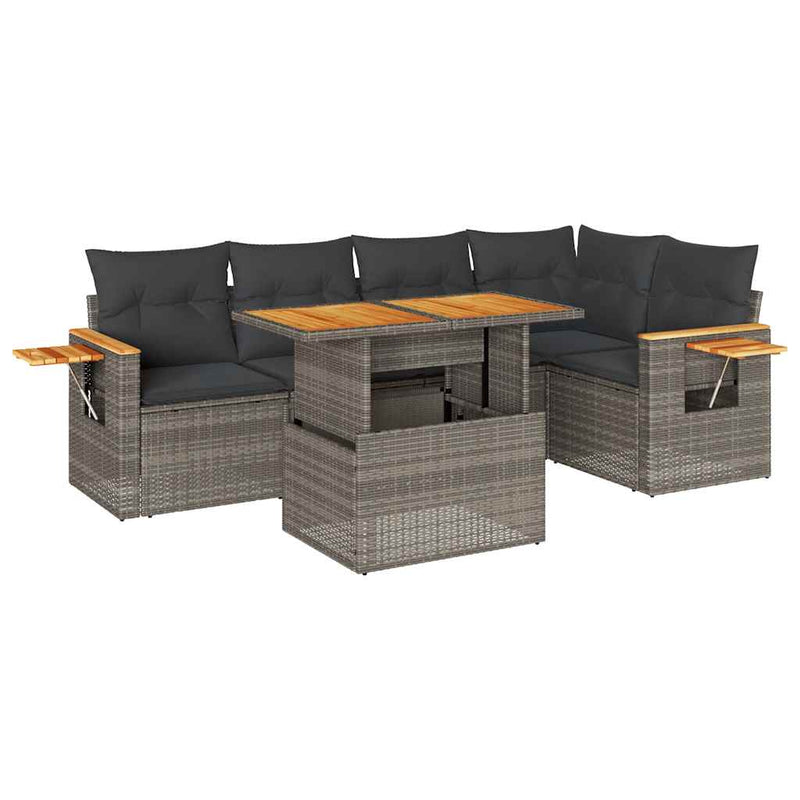 5 Piece Garden Sofa Set with Cushions Grey Poly Rattan Acacia