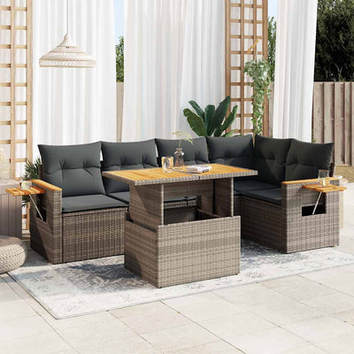 5 Piece Garden Sofa Set with Cushions Grey Poly Rattan Acacia