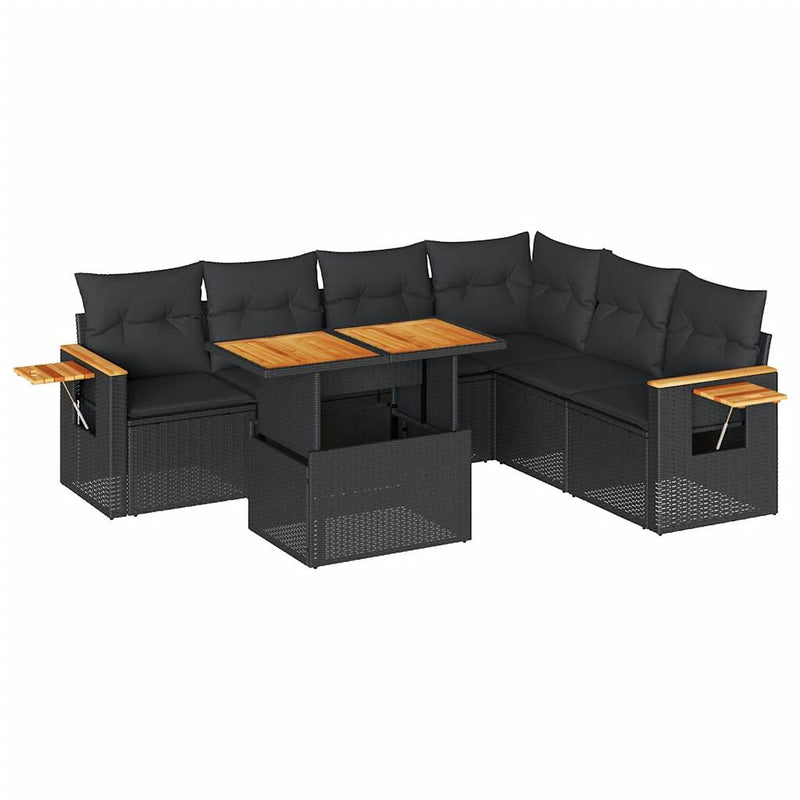 6 Piece Garden Sofa Set with Cushions Black Poly Rattan Acacia