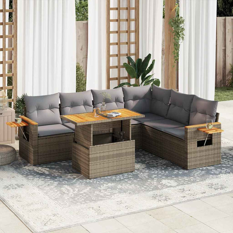 6 Piece Garden Sofa Set with Cushions Beige Poly Rattan Acacia