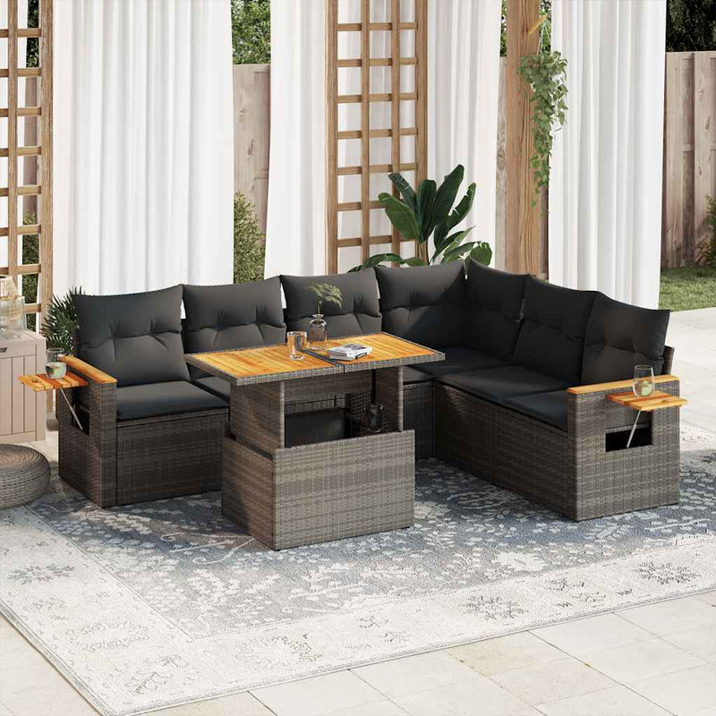 6 Piece Garden Sofa Set with Cushions Grey Poly Rattan Acacia