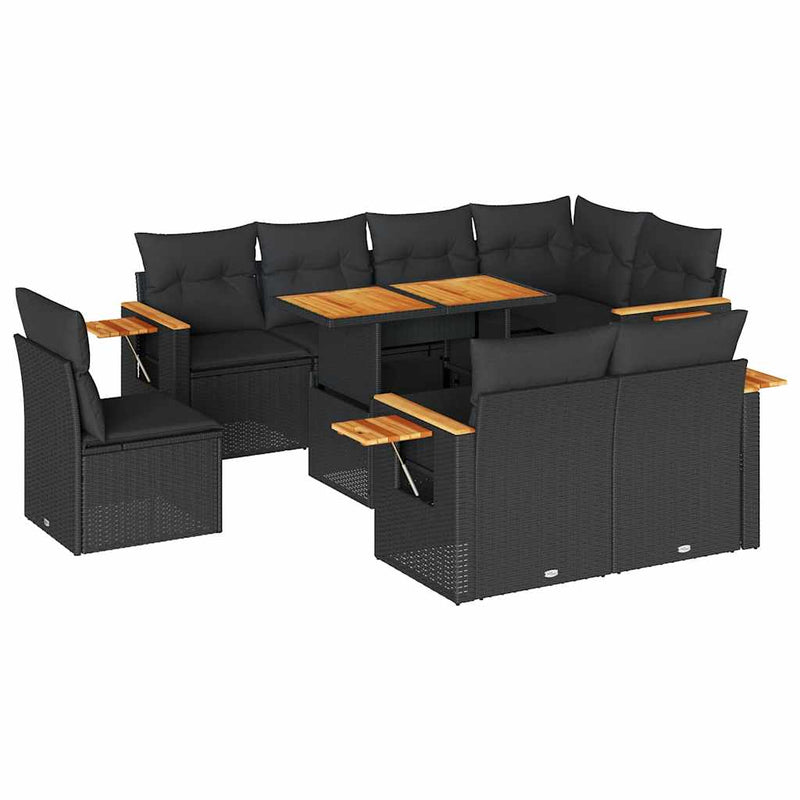 9 Piece Garden Sofa Set with Cushions Black Poly Rattan Acacia