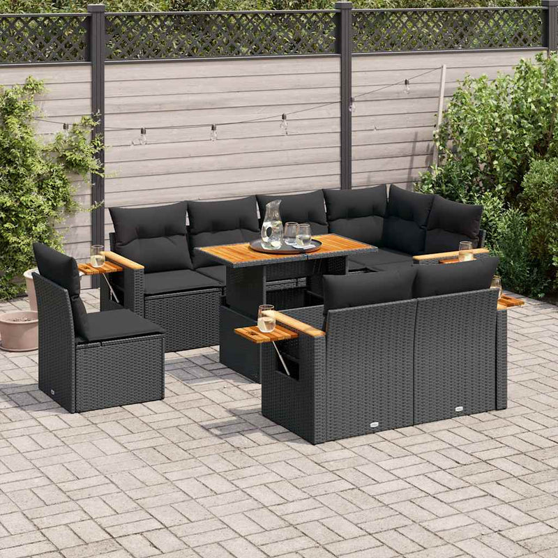 9 Piece Garden Sofa Set with Cushions Black Poly Rattan Acacia