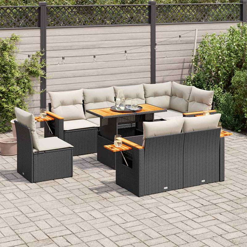 9 Piece Garden Sofa Set with Cushions Black Poly Rattan Acacia