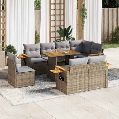 9 Piece Garden Sofa Set with Cushions Beige Poly Rattan Acacia