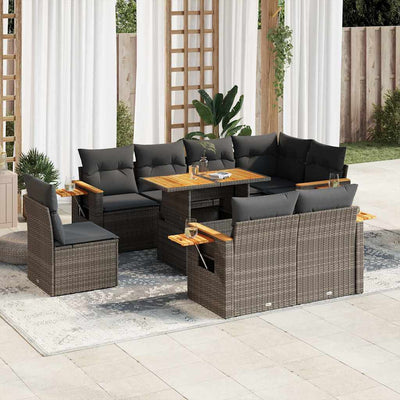 9 Piece Garden Sofa Set with Cushions Grey Poly Rattan Acacia