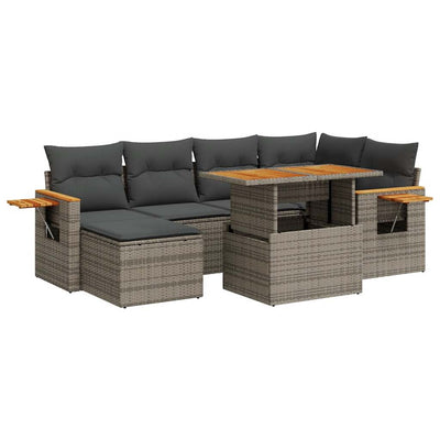 7 Piece Garden Sofa Set with Cushions Grey Poly Rattan Acacia