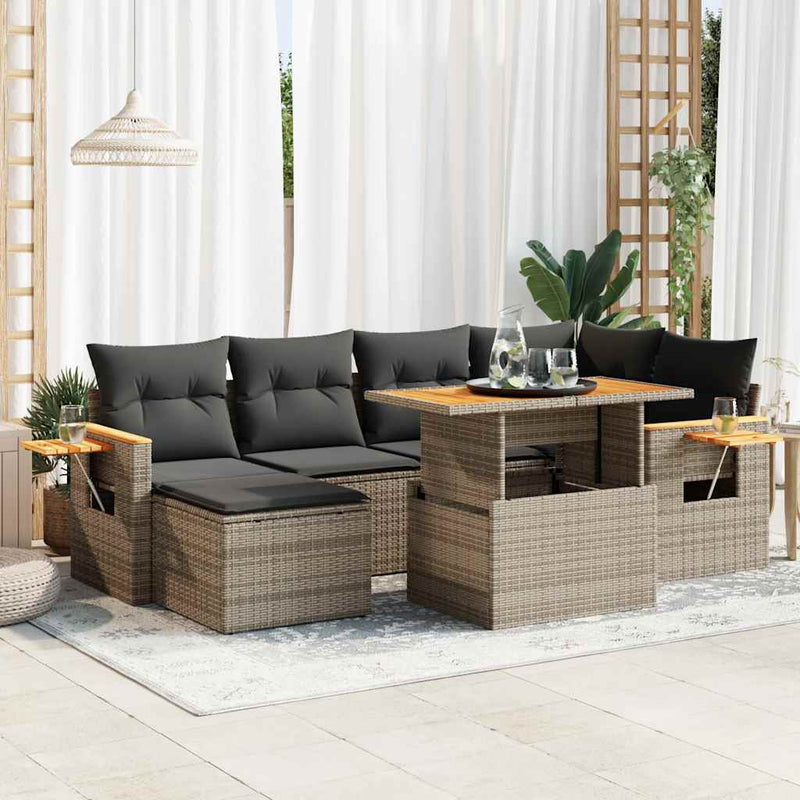 7 Piece Garden Sofa Set with Cushions Grey Poly Rattan Acacia