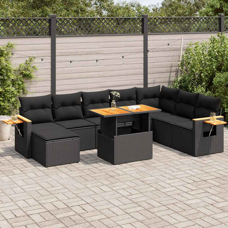 7 Piece Garden Sofa Set with Cushions Black Poly Rattan Acacia