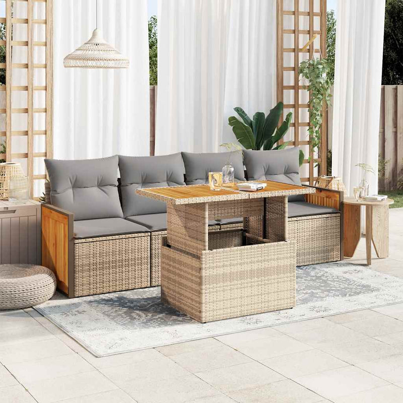 5 Piece Garden Sofa Set with Cushions Beige Poly Rattan Acacia