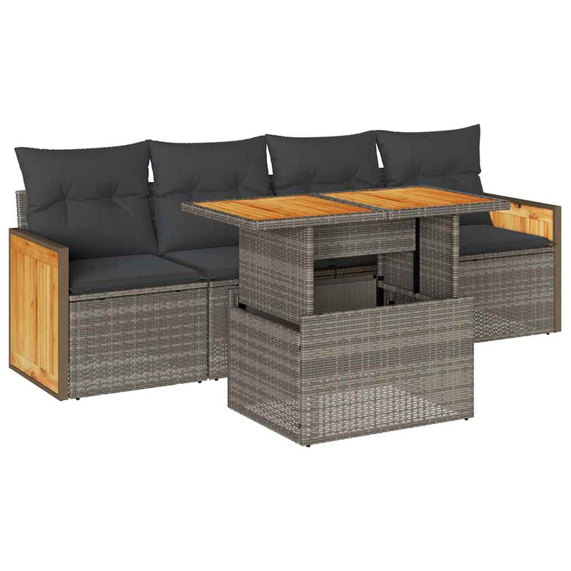 5 Piece Garden Sofa Set with Cushions Grey Poly Rattan Acacia