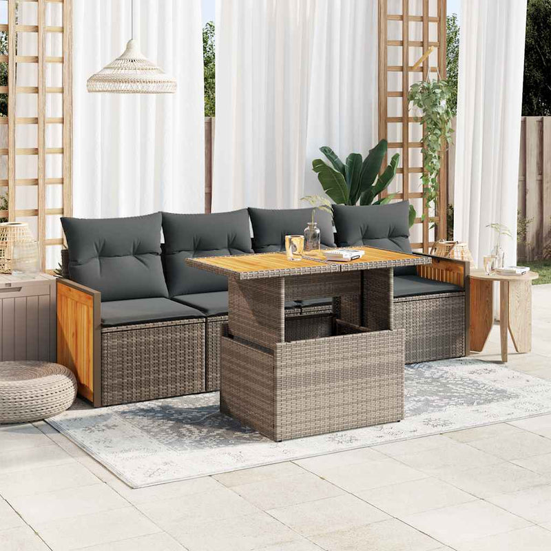 5 Piece Garden Sofa Set with Cushions Grey Poly Rattan Acacia