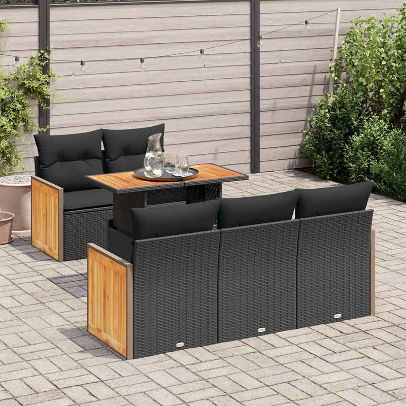 6 Piece Garden Sofa Set with Cushions Black Poly Rattan Acacia