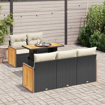 6 Piece Garden Sofa Set with Cushions Black Poly Rattan Acacia