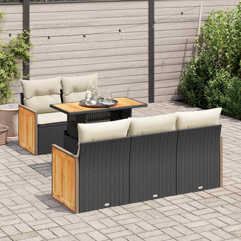 6 Piece Garden Sofa Set with Cushions Black Poly Rattan Acacia