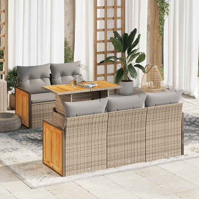 6 Piece Garden Sofa Set with Cushions Beige Poly Rattan Acacia