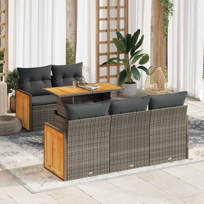 6 Piece Garden Sofa Set with Cushions Grey Poly Rattan Acacia