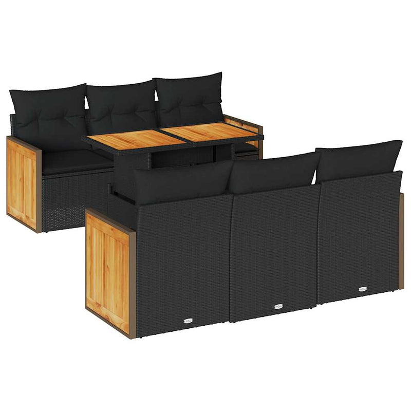 7 Piece Garden Sofa Set with Cushions Black Poly Rattan Acacia