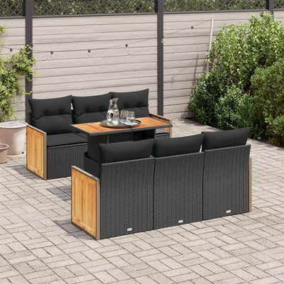 7 Piece Garden Sofa Set with Cushions Black Poly Rattan Acacia