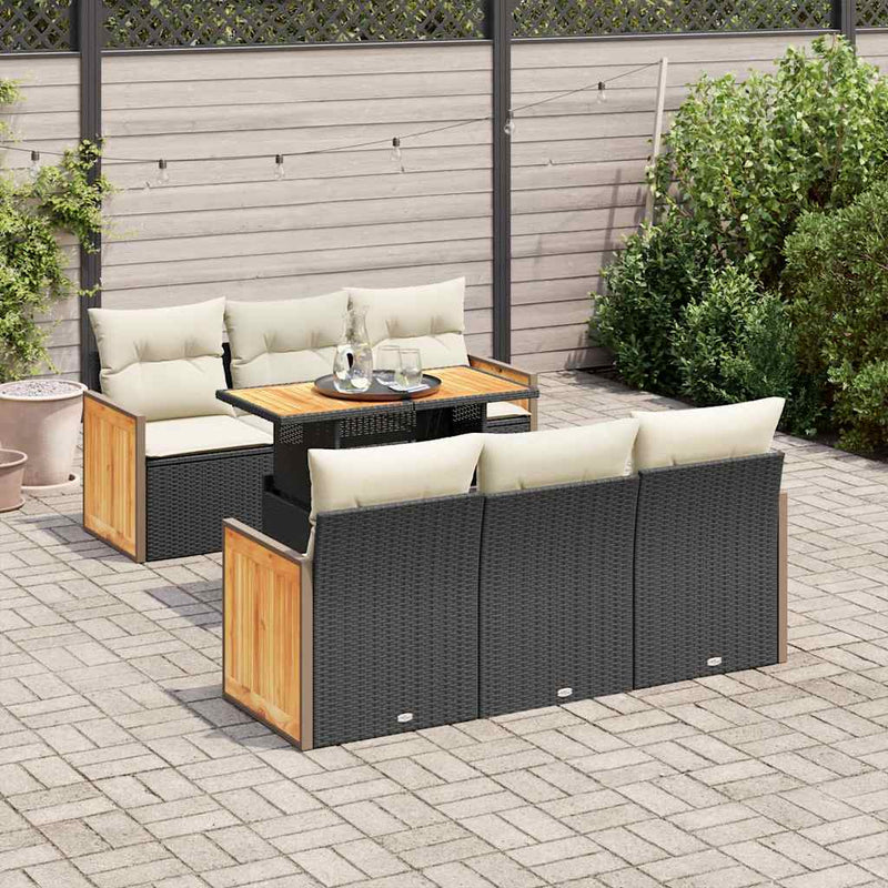 7 Piece Garden Sofa Set with Cushions Black Poly Rattan Acacia