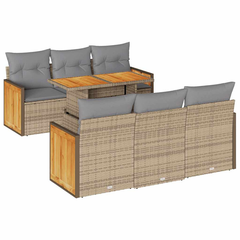 7 Piece Garden Sofa Set with Cushions Beige Poly Rattan Acacia