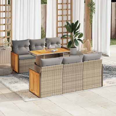 7 Piece Garden Sofa Set with Cushions Beige Poly Rattan Acacia