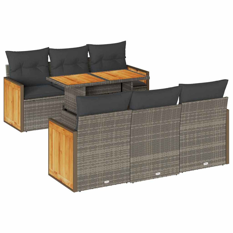 7 Piece Garden Sofa Set with Cushions Grey Poly Rattan Acacia