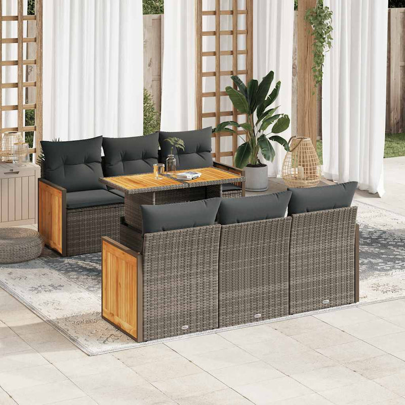 7 Piece Garden Sofa Set with Cushions Grey Poly Rattan Acacia