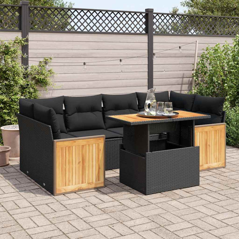 7 Piece Garden Sofa Set with Cushions Black Poly Rattan Acacia