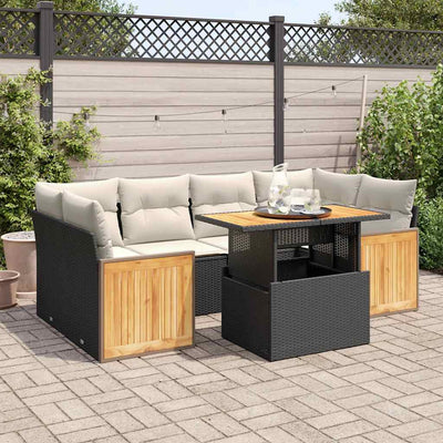 7 Piece Garden Sofa Set with Cushions Black Poly Rattan Acacia