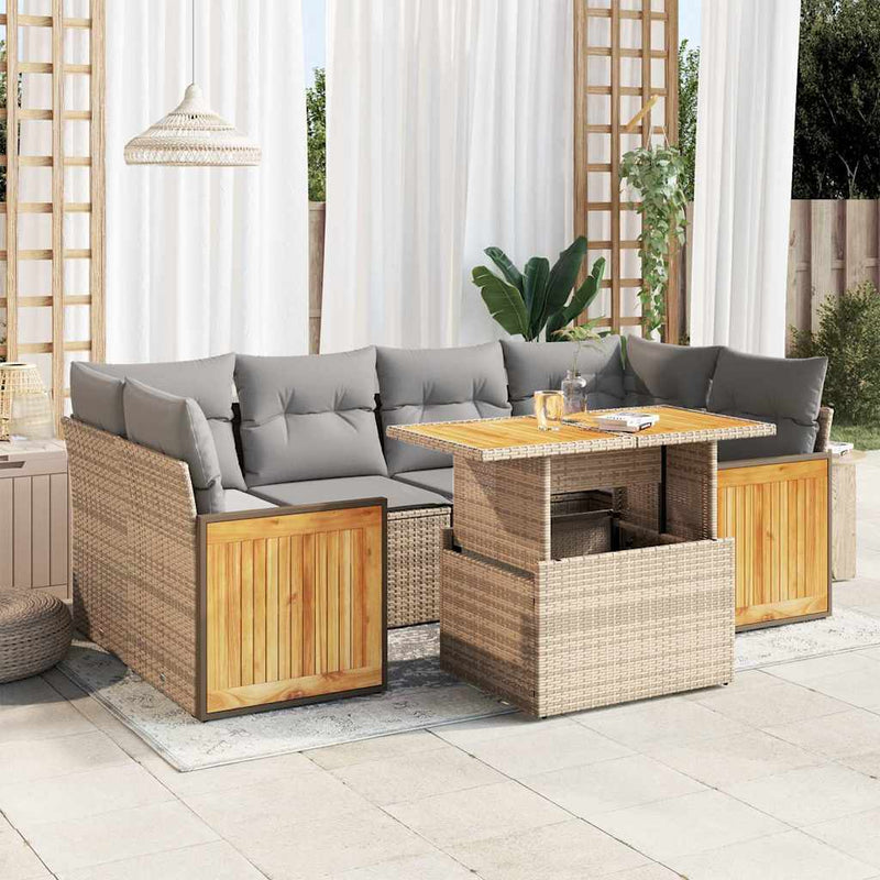 7 Piece Garden Sofa Set with Cushions Beige Poly Rattan Acacia