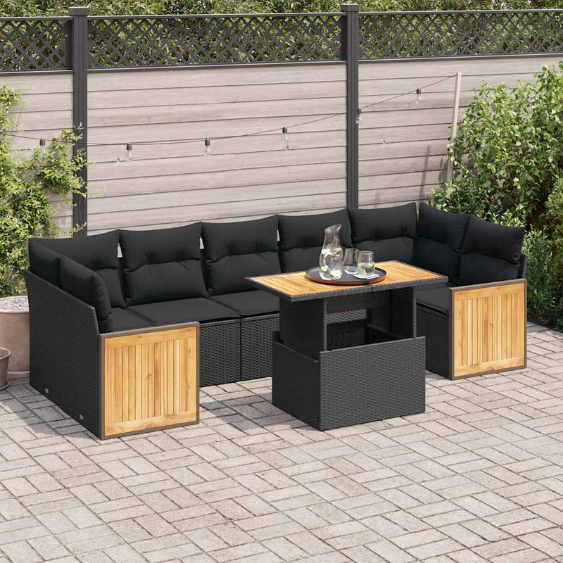 8 Piece Garden Sofa Set with Cushions Black Poly Rattan Acacia