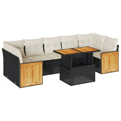 8 Piece Garden Sofa Set with Cushions Black Poly Rattan Acacia