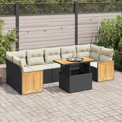 8 Piece Garden Sofa Set with Cushions Black Poly Rattan Acacia